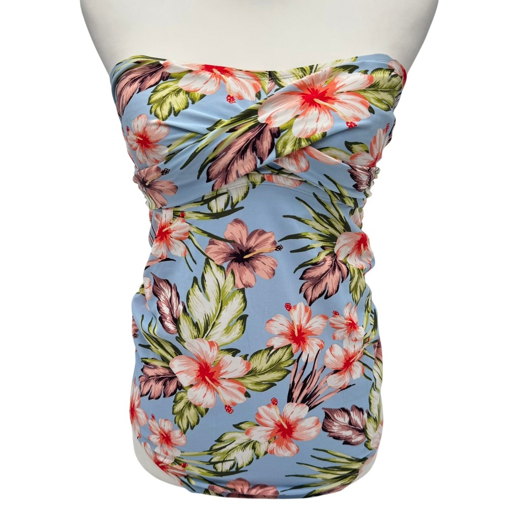 ISABEL MATERNITY Small Blue Pink Floral One Piece Swimsuit Strapless Twist Front
